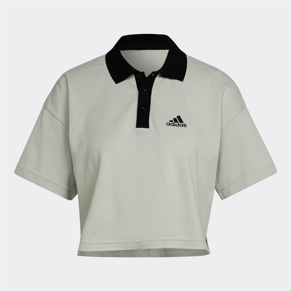 Adidas Cropped Pique Polo in Linen Green - Picture 3 of 13